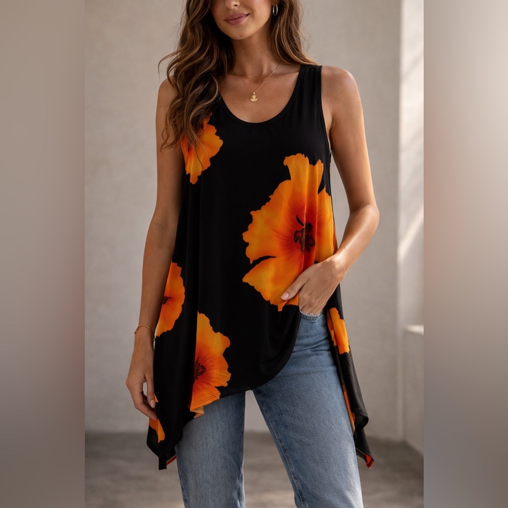 Jostar  Black and Orange Floral Tunic Top